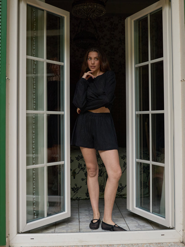 Black lace shorts styled as summer resort wear
