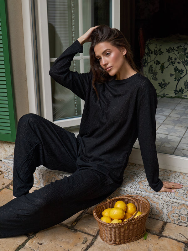 Black lace long-sleeve top worn as an everyday layer