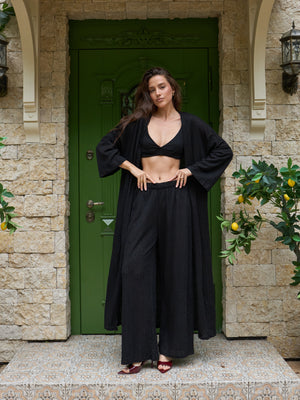 Black lace kimono with wide bell sleeves, styled with the matching set