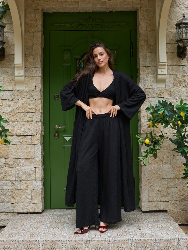 Black lace kimono with wide bell sleeves, styled with the matching set