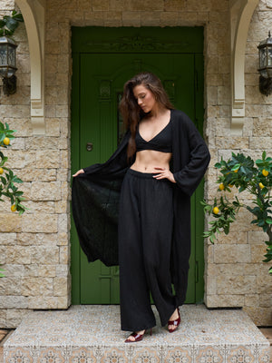 Black lace kimono by MUSSONY, full length, shown open to reveal the drape