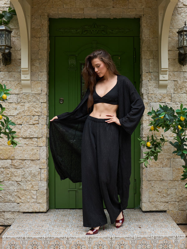 Black lace kimono by MUSSONY, full length, shown open to reveal the drape