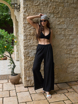 Black lace pants shown with the matching kimono