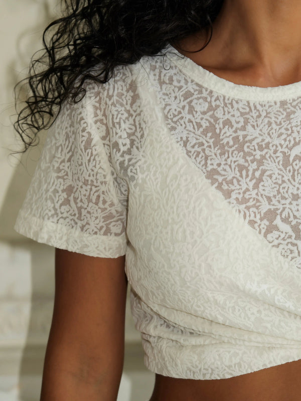 Ecru lace short-sleeve top by MUSSONY — close view of the fabric
