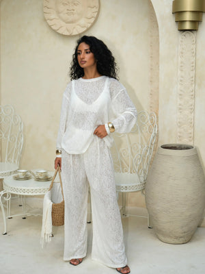 Ecru lace lounge pants by MUSSONY — styled for warm weather