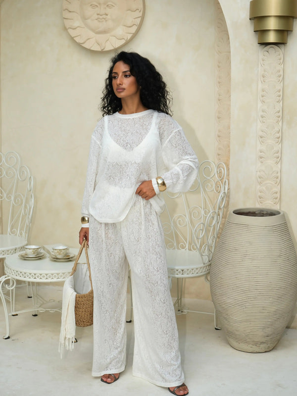 Ecru lace lounge pants by MUSSONY — styled for warm weather