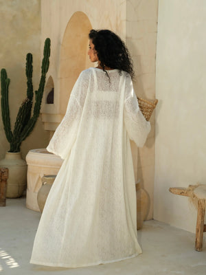 Ecru lace kimono by MUSSONY — styled with the matching set