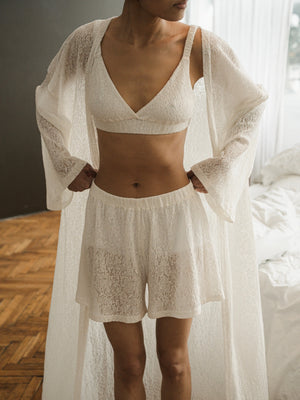 Ecru lace kimono by MUSSONY — soft drape of the lyocell blend