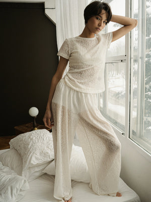 Ecru lace short-sleeve top by MUSSONY — soft drape of the lyocell blend