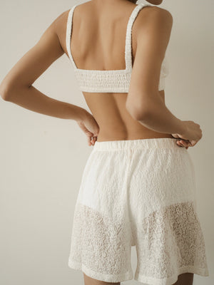 Ecru lace shorts by MUSSONY — shown with matching pieces