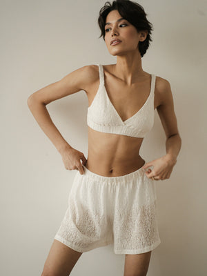 Ecru lace shorts by MUSSONY — soft drape of the lyocell blend