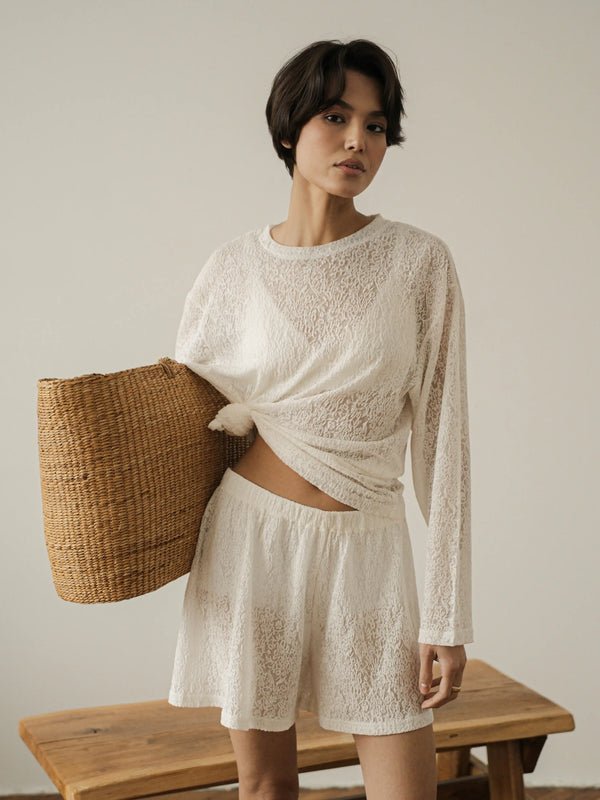 Ecru lace long-sleeve top by MUSSONY — coordinated MUSSONY look