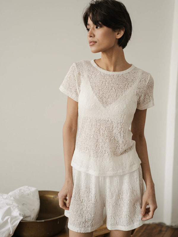 Ecru lace short-sleeve top by MUSSONY — coordinated MUSSONY look