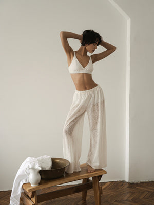 Ecru lace lounge pants by MUSSONY — coordinated MUSSONY look