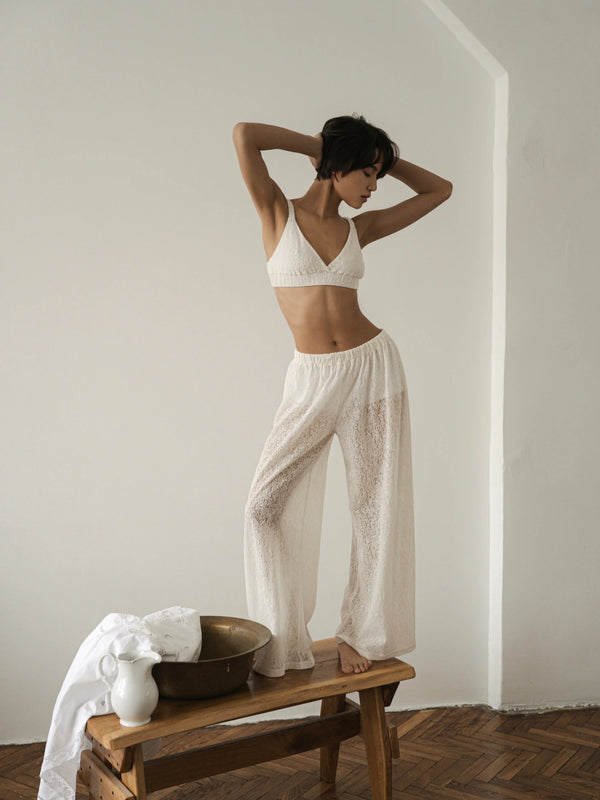 Ecru lace lounge pants by MUSSONY — coordinated MUSSONY look