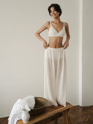 Ecru lace lounge pants by MUSSONY — resort styling