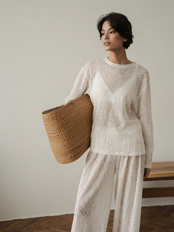 Ecru lace long-sleeve top by MUSSONY — lifestyle shot