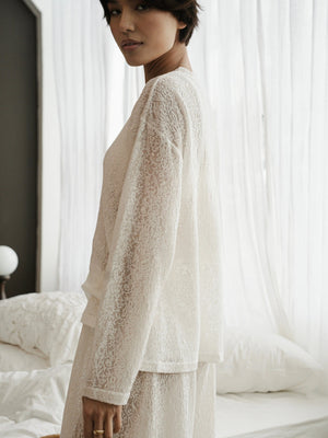 Ecru lace long-sleeve top by MUSSONY — shown with matching pieces