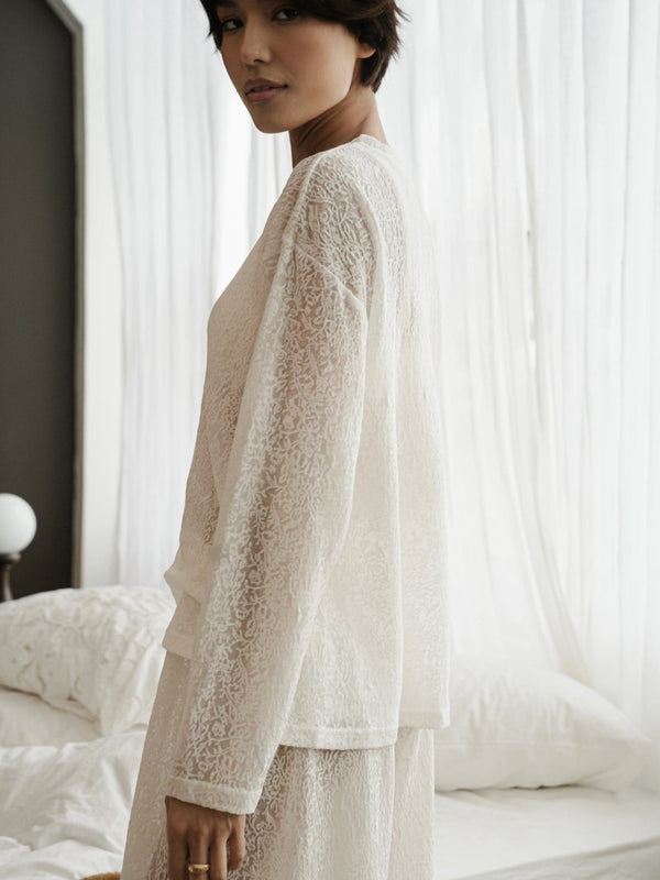 Ecru lace long-sleeve top by MUSSONY — shown with matching pieces