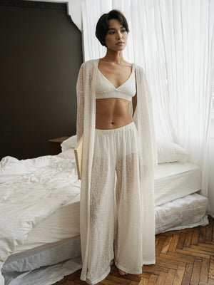 Ecru lace lounge pants by MUSSONY — summer collection look