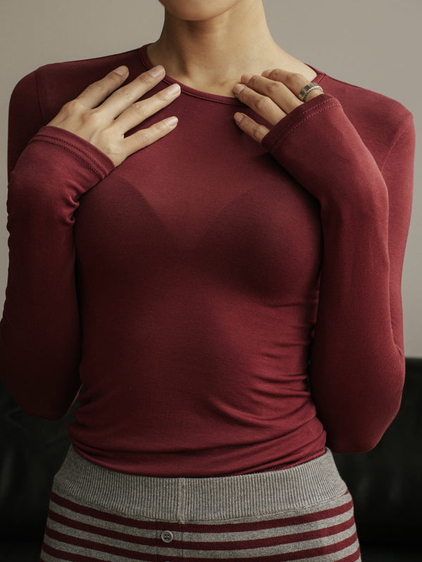 MUSSONY Lyocell Long Sleeve in Burgundy — fitted long-sleeve top in 95% lyocell, look 2
