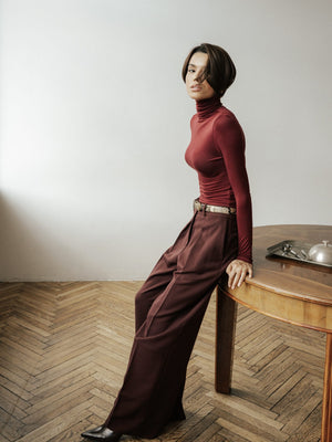 MUSSONY Lyocell Turtleneck in Burgundy — fitted turtleneck in 95% lyocell, look 7