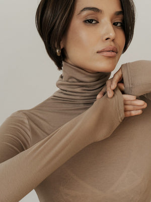 MUSSONY Lyocell Turtleneck in Mocha — fitted turtleneck in 95% lyocell, look 8