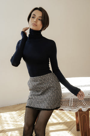 MUSSONY Lyocell Turtleneck in Navy — fitted turtleneck in 95% lyocell, look 2