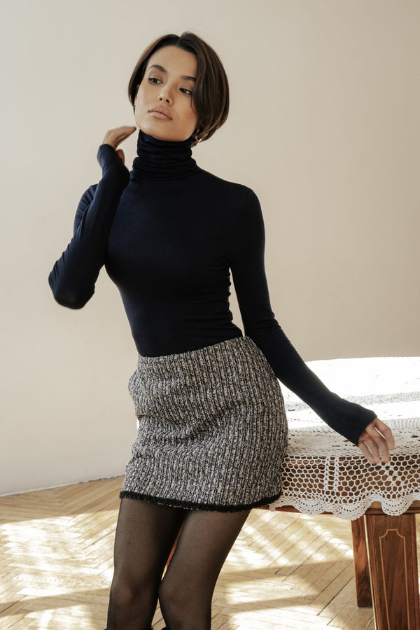 MUSSONY Lyocell Turtleneck in Navy — fitted turtleneck in 95% lyocell, look 2