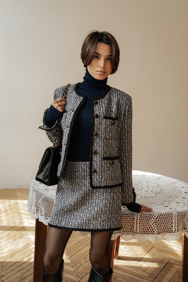 MUSSONY Lyocell Turtleneck in Navy — fitted turtleneck in 95% lyocell, look 8