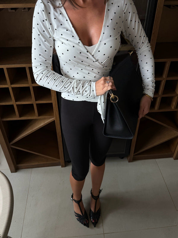 Polka dot wrap top with the ties fastened at the front